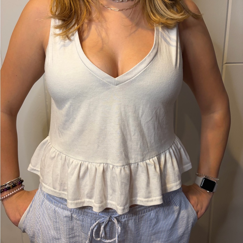 Lulu's Cream V-Neck Peplum Tank Top